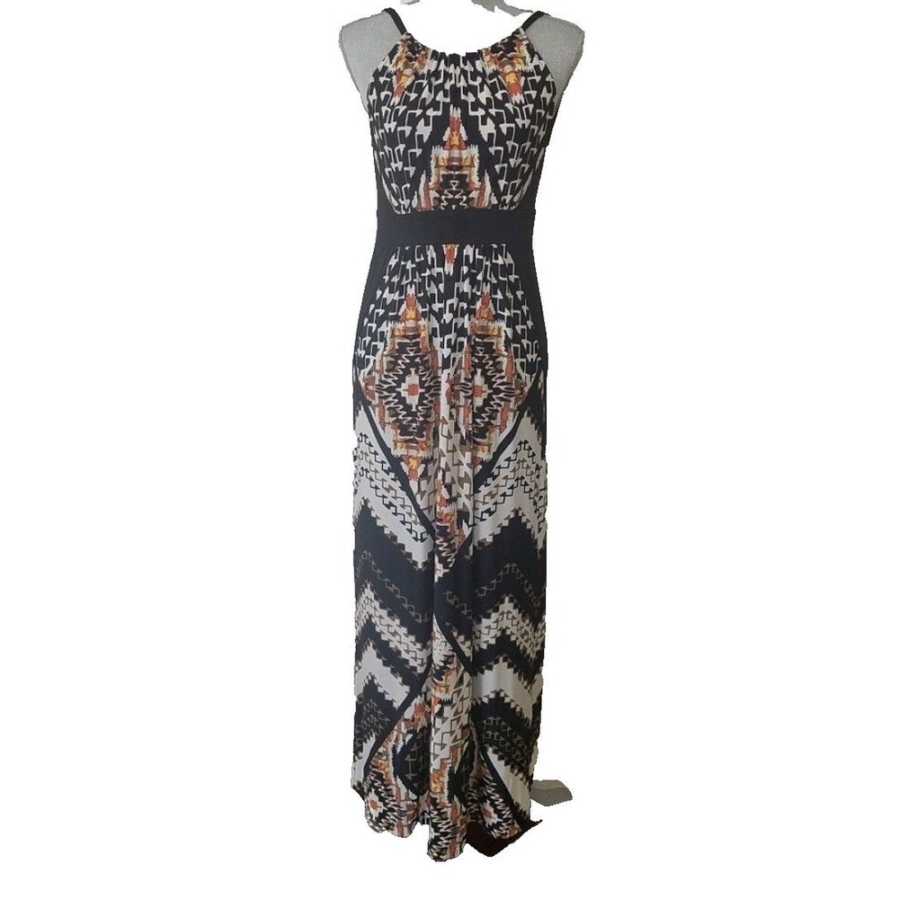 Chico's SZ 0 XS Black White Orange Halter Maxi Sundress Geometric Dress Resort